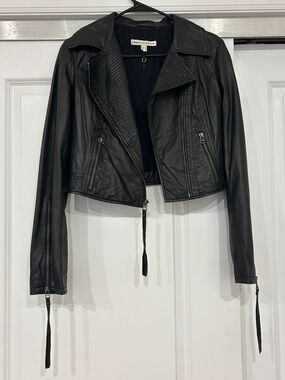 Twenty8Twelve Black Cropped Leather Moto Jacket with Quilted Lapels